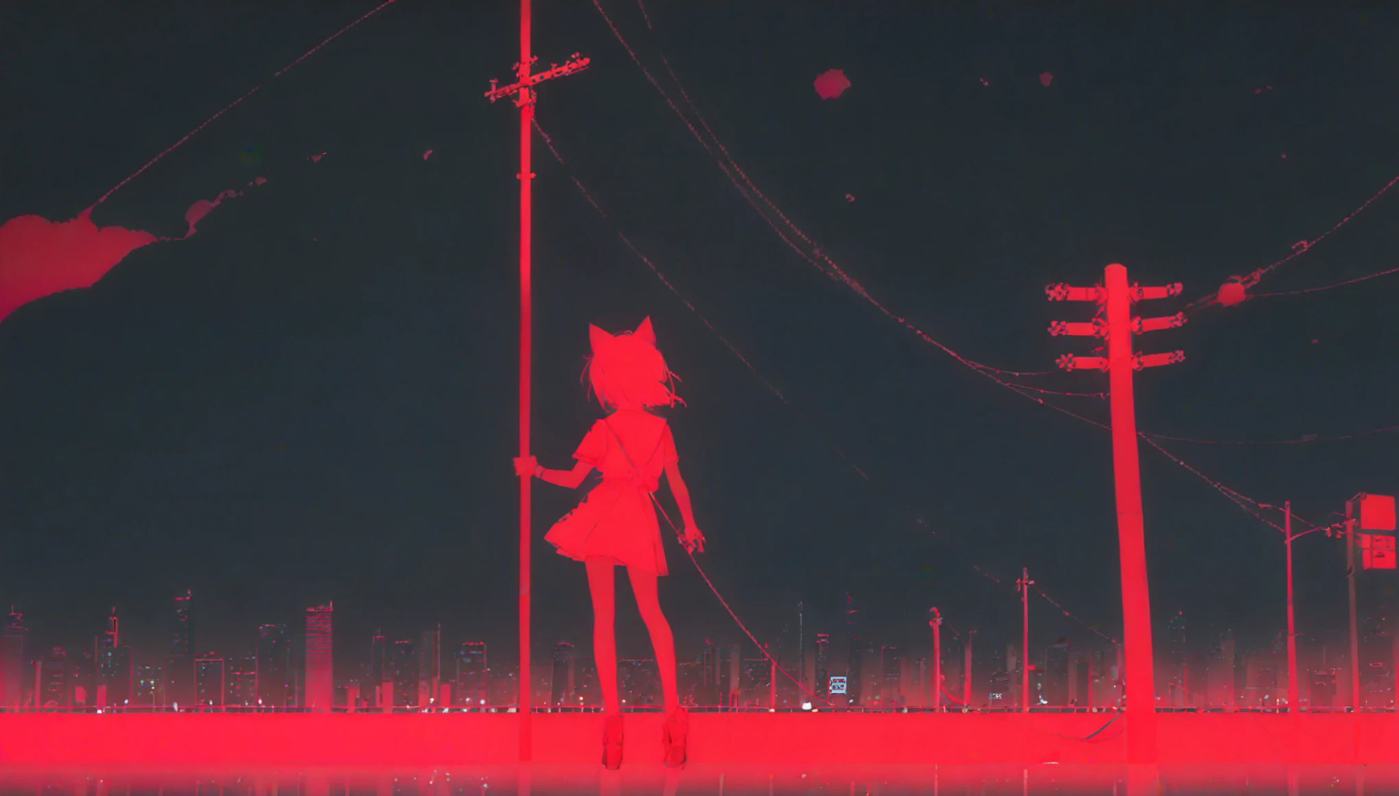 (styled by Ashley Wood:1.3),(in the style of Takeshi Obata:0.9), black and white city skyline background,protruding power poles,(a red silhouette of a young girl:1.6),minimalist silhouette,red silhouette,Black and white background,wide_shot,silhouette of a teenage girl on a telephone pole,