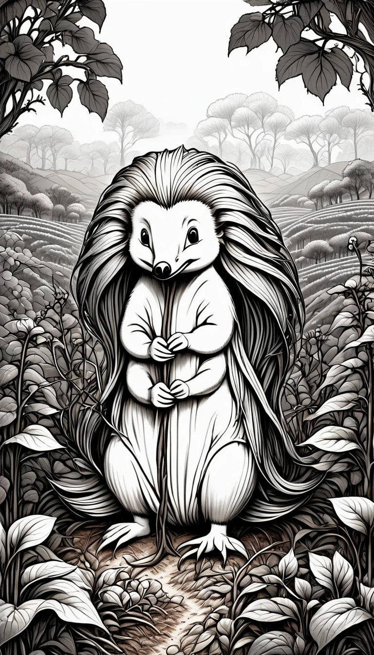linear black and white drawing of a tender and attentive echidna cares for a vine in her large vineyard . Wide view, simple lines, thin and defined outlines, no shading, no colors, perfect to be colored, cartoon style, clean lines, suitable for children.