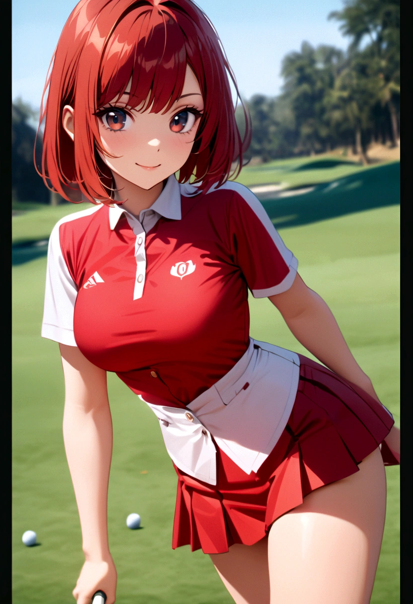 sound high resolution 8k beauty Woman playing golf Golf course Beautiful woman Bobcut Red hair Golf Wear mini skirt smile looking at the camera nice shot