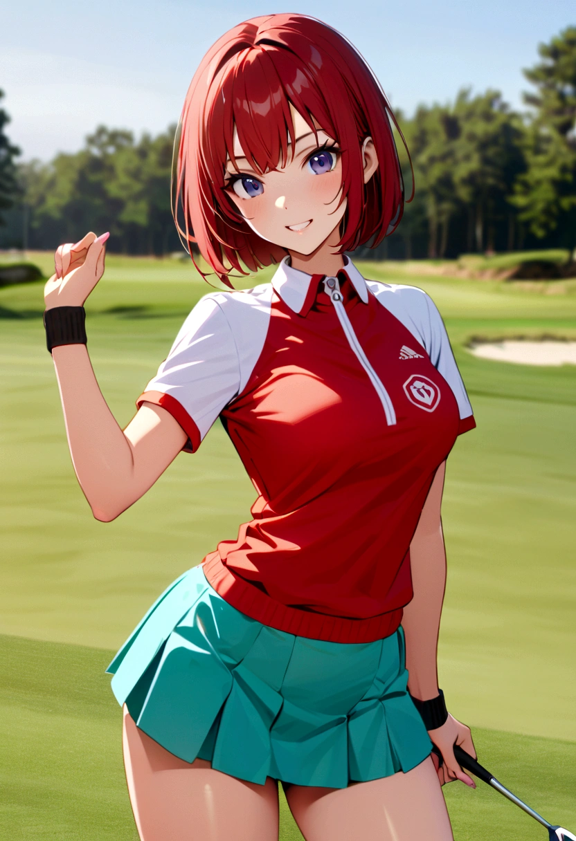 sound　high resolution　8k beauty　Woman playing golf　Golf course　Beautiful woman　Bobcut　Red hair　　Golf Wear　mini skirt　smile　　looking at the camera　nice shot