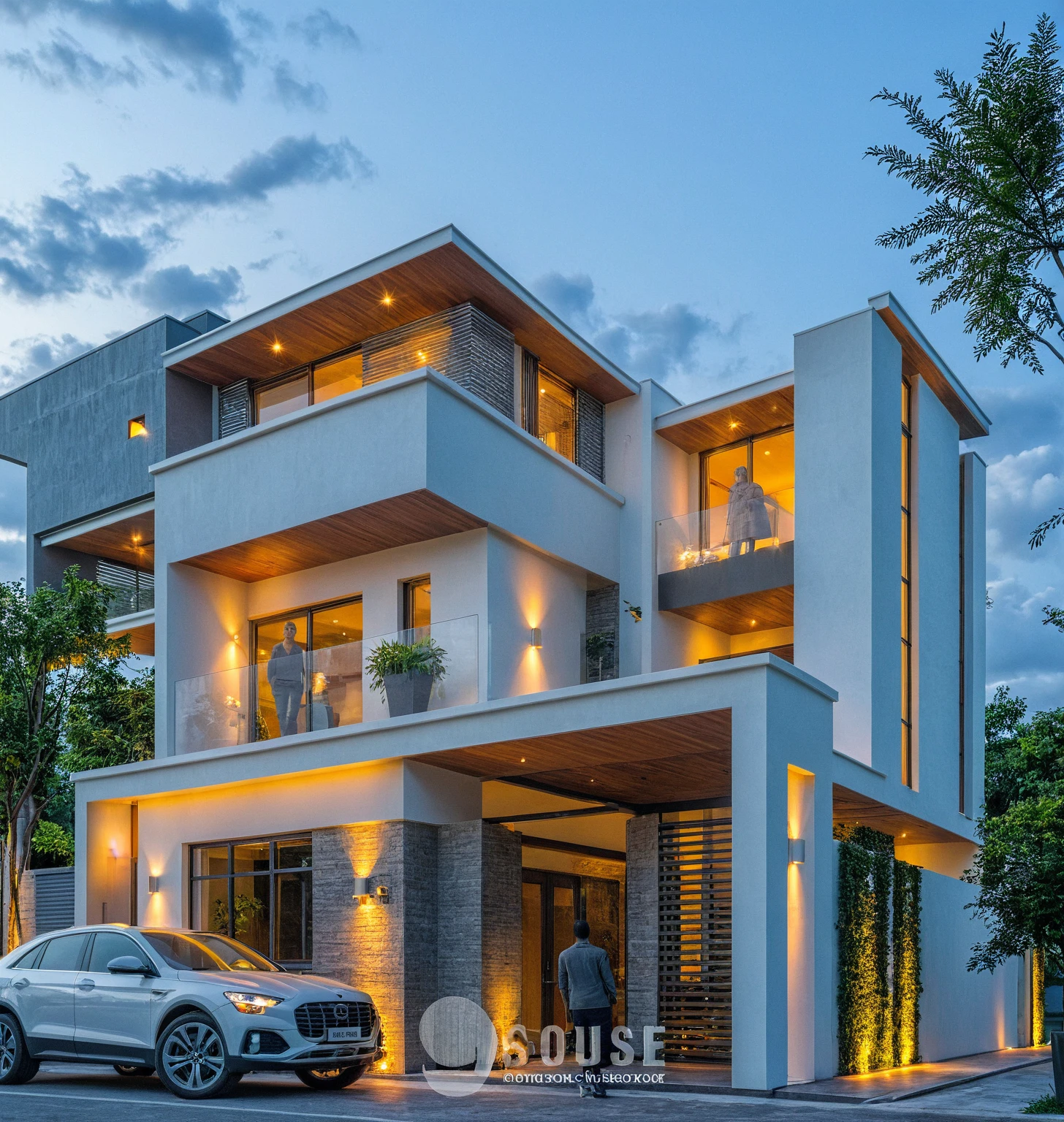 Masterpiece, high quality, best quality, authentic, modern villa, realistic scene, super detail, outdoors, house on the street, white wall, glass window, steel gate, road, pavement, grass, trees, sky, cloud, car (nightlight:1.1)
