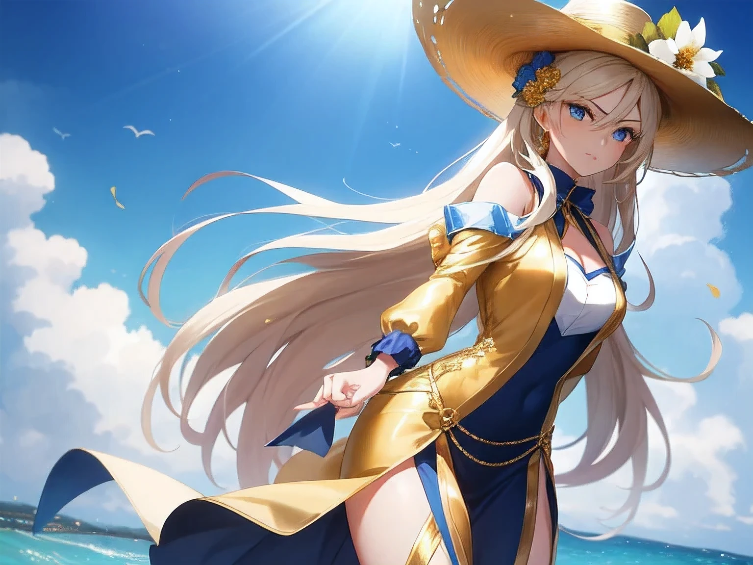 Create an anime image of a beautiful girl that is charming and stunningly beautiful. Dress in smart attire that has a sharp and dramatic design. Wear classic outfits with gold details. Long, golden and beautiful hair that moves with the sea breeze. Wear a white long-brimmed hat with a flower on the front, gentle and fashionable.