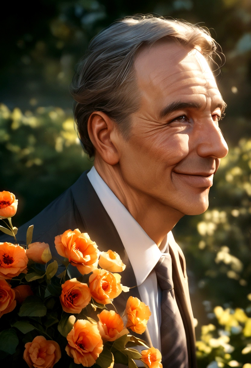 A man, father, dad, portrait, photorealistic, highly detailed, 8k, realistic, realistic lighting, warm lighting, warm colors, loving expression, kind eyes, gentle smile, wearing a suit, holding a , outdoors, garden, flowers, sun rays, soft focus