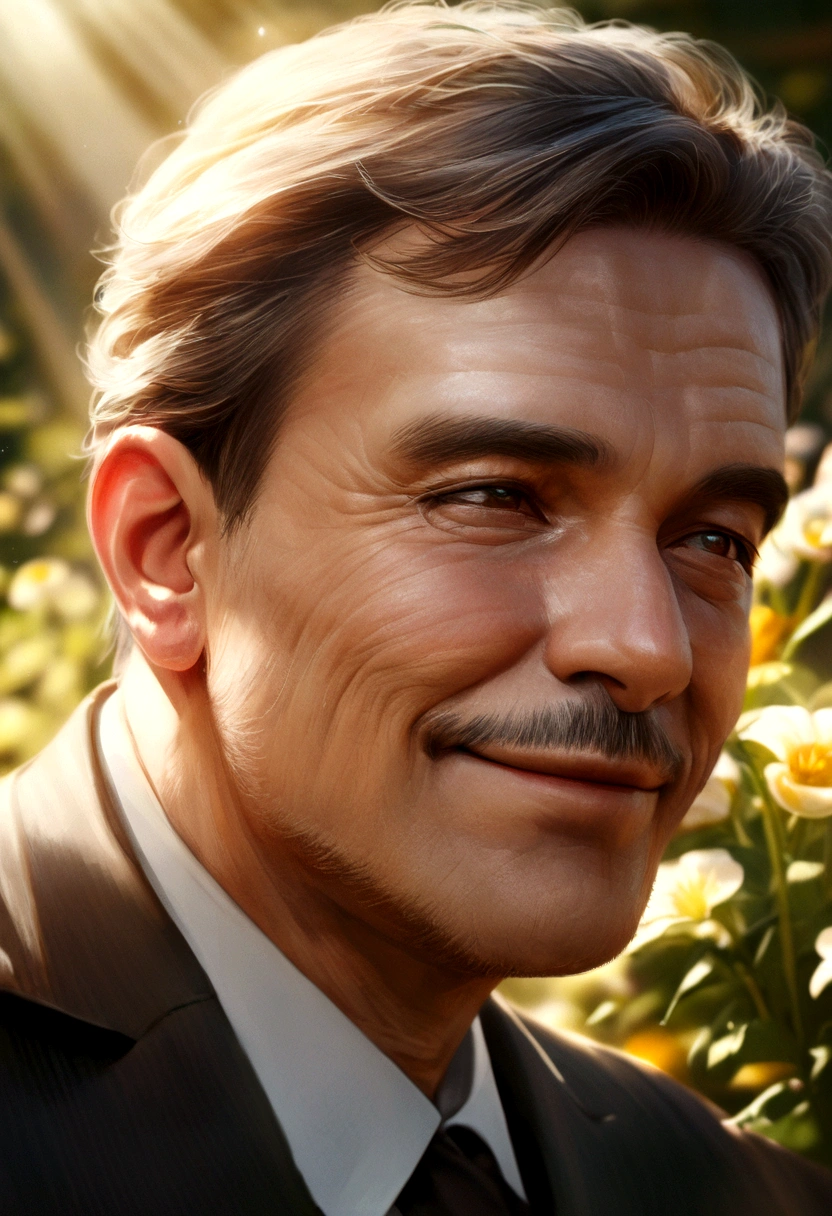 A man, father, dad, portrait, photorealistic, highly detailed, 8k, realistic, realistic lighting, warm lighting, warm colors, loving expression, kind eyes, gentle smile, wearing a suit, holding a , outdoors, garden, flowers, sun rays, soft focus