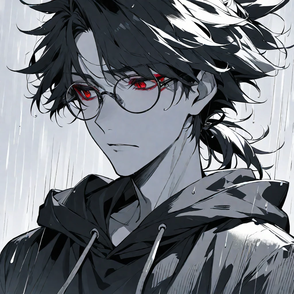 solo, handsome,Monochrome,
1 male,
Ponytail, Braided black hair,
red eyes, Gojo Satoru,casual, black hoodie,
monotone,cool,Sadness,Feelings of emptiness,Emptiness,Round Glasses,Put on the hood,rain,
black background,Look down,Face close-up