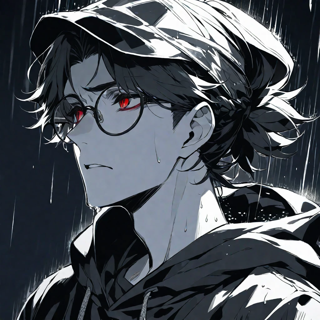 solo, handsome,Monochrome,
1 male, 
Ponytail, Braided black hair, 
red eyes, Gojo Satoru,casual, black hoodie,
monotone,cool,Sadness,Feelings of emptiness,Emptiness,Round Glasses,Put on the hood,rain,
black background,Look down,Face close-up