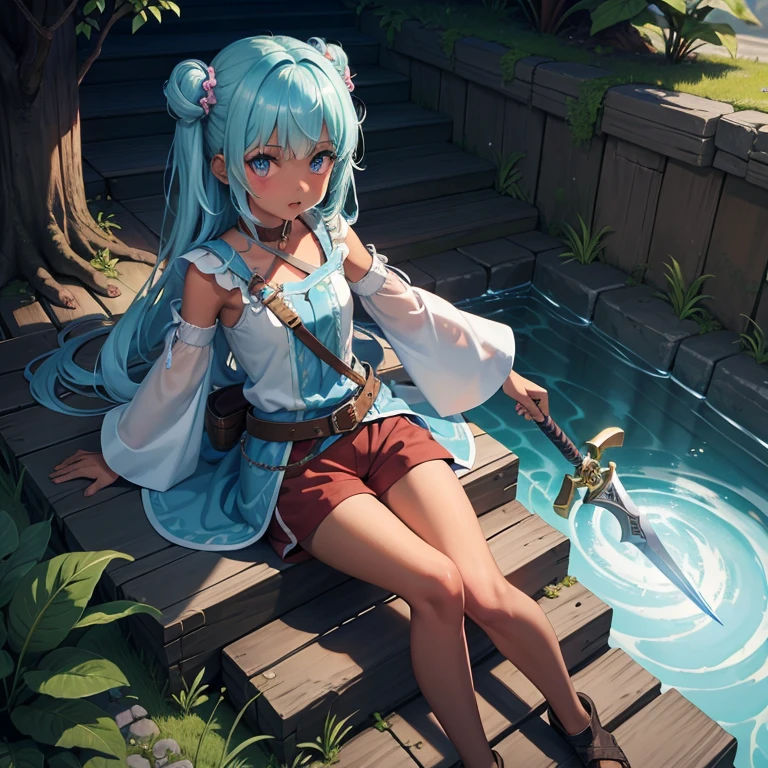 最high quality、high quality、Frugal cloth clothes、１０Year-old girl adventurer、Climb the labyrinth stairs、Shorts、Equipped with a dagger and a shield、Inside the dim labyrinth、The body is being swallowed by slime