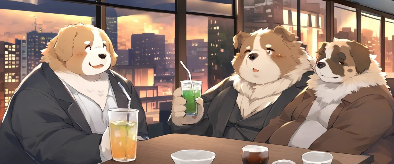 anthro, kemono, male, ((round face, very plump face)) ((endomorph body type, 8 -aged)) ((domestic dog, dog) fluffy fur, fluffy)), Holding a Drink, City Background.