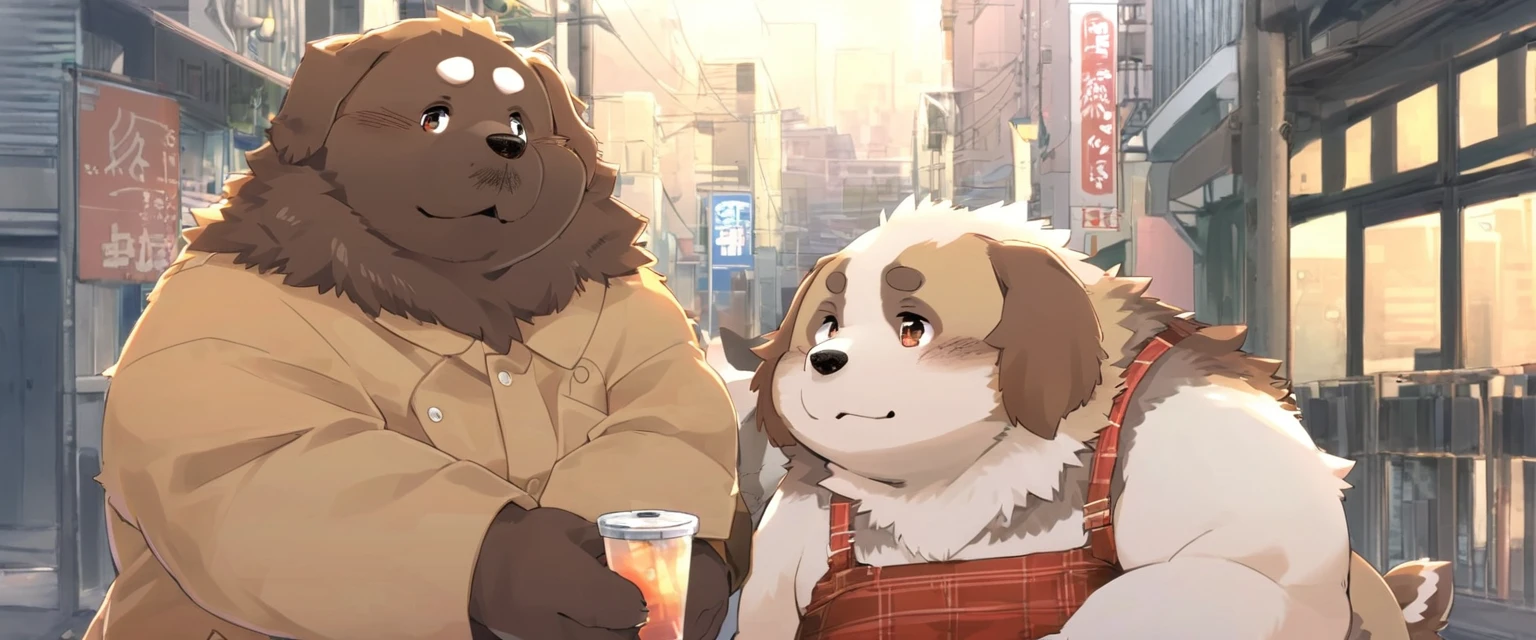anthro, kemono, male, ((round face, very plump face)) ((endomorph body type, 8 old-aged)) ((domestic dog, dog) fluffy fur, fluffy)), Holding a Drink, City Background.