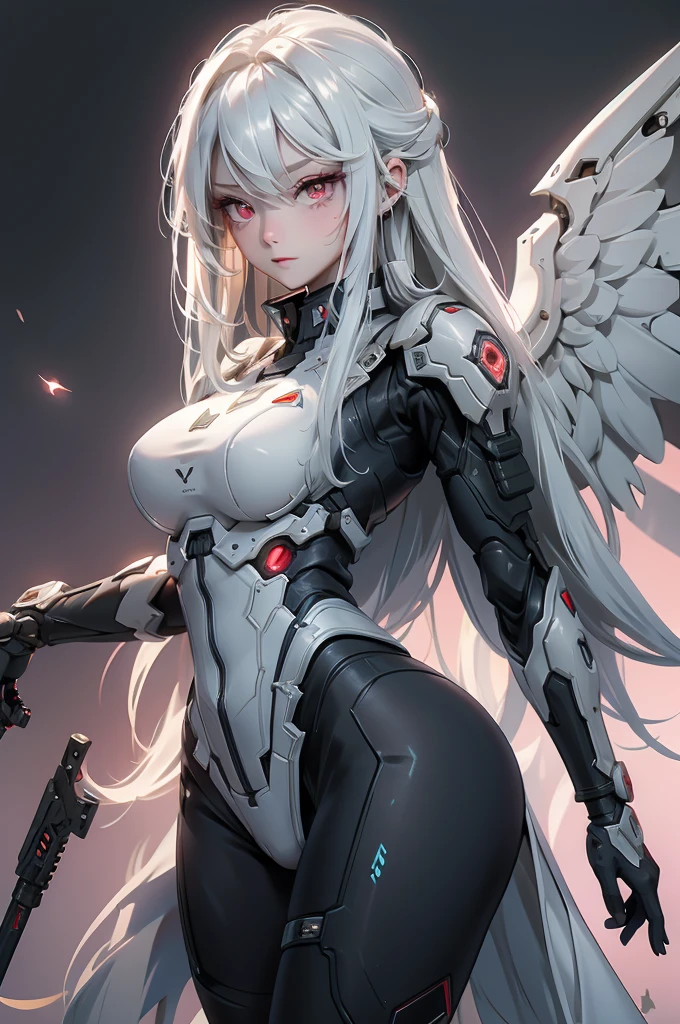 ((Cyberpunk women images)),raise one's arms high:1.4,(masterpiece:1.4, highest quality, Dutch Angle)(One Girl, alone)(Gray hair that changes with light、Smooth and straight hair、WHITE hair fluttering in the wind)、(beautiful, Glowing Skin、Cheek Gloss Highlighter、Sexy and very beautiful and adorable face、世界で最もbeautiful顔、big, Glowing red eyes)、(Cute 25 year old girl, large breasts、Tight waist、Delicate shoulders、Perfect figure)(Overall dark、A ruined futuristic city、The world at the end of the century、Traces of war、cave、Remains)(Futuristic combat suit、White combat armor、Highly decorated combat uniform、Mechanical Wings)(Shooting from close range、Pictures of female faces)