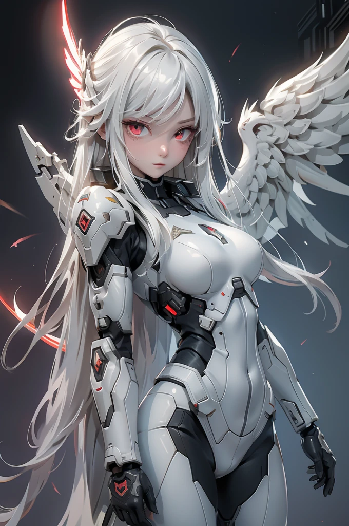 ((Cyberpunk women images))，raise one's arms high:1.4,(masterpiece:1.4, highest quality, Dutch Angle)(One Girl, alone)（Gray hair that changes with light、Smooth and straight hair、WHITE hair fluttering in the wind）、（beautiful, Glowing Skin、Cheek Gloss Highlighter、Sexy and very beautiful and adorable face、世界で最もbeautiful顔、big, Glowing red eyes）、（Cute 25 year old girl, large breasts、Tight waist、Delicate shoulders、Perfect figure）（Overall dark、A ruined futuristic city、The world at the end of the century、Traces of war、cave、Remains）(Futuristic combat suit、White combat armor、Highly decorated combat uniform、Mechanical Wings)（Shooting from close range、Pictures of female faces）
