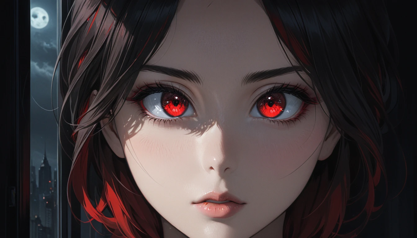 woman with red eyes stands in front of the window, huge eye in the background, Dark background, eyes, trending on pixiv, There's this creepy atmosphere behind her, panoramic view of a girl, animated lighting, forced witness, Glass lid, illuminated by a flickering television screen, demonstration of a work of art fascinating art Living girl,convey a sense of mystery and intensity,from a famous anime artist, with a dark and atmospheric background filled with экраны and displays, but I catch the viewer