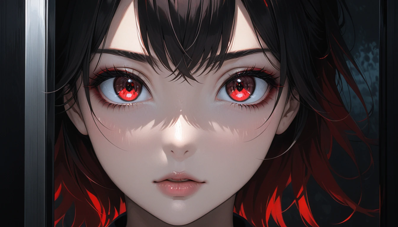 woman with red eyes stands in front of the window, huge eye in the background, Dark background, eyes, trending on pixiv, There's this creepy atmosphere behind her, panoramic view of a girl, animated lighting, forced witness, Glass lid, illuminated by a flickering television screen, demonstration of a work of art fascinating art Living girl,convey a sense of mystery and intensity,from a famous anime artist, with a dark and atmospheric background filled with экраны and displays, but I catch the viewer