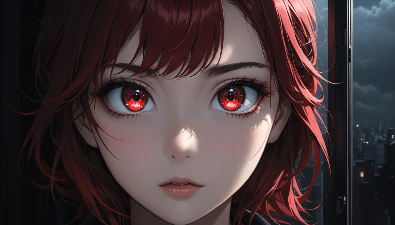 woman with red eyes stands in front of the window, huge eye in the background, Dark background, eyes, trending on pixiv, There&#39;s this creepy atmosphere behind her, panoramic view of a girl, animated lighting, forced witness, Glass lid, illuminated by a flickering television screen, demonstration of a work of art fascinating art Living girl,convey a sense of mystery and intensity,from a famous anime artist, with a dark and atmospheric background filled with экраны and displays, but I catch the viewer
