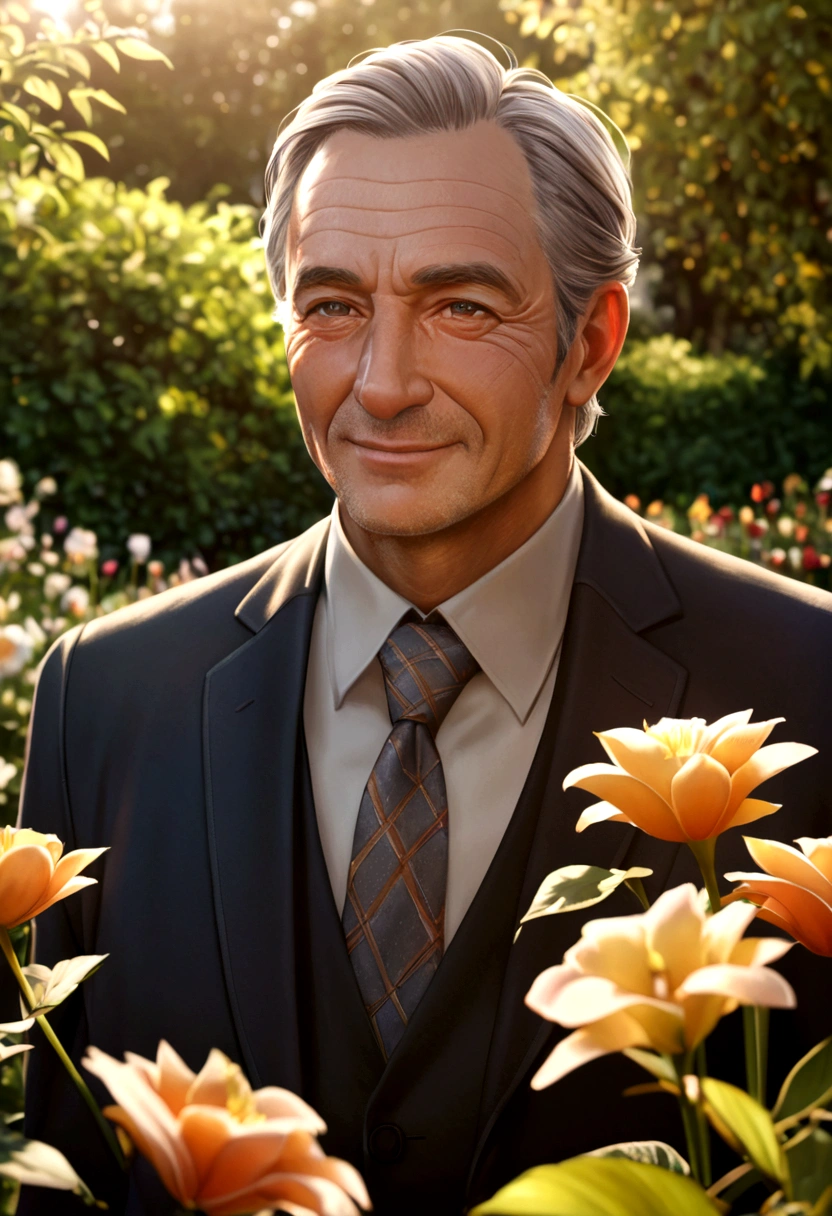 A man, father, dad, portrait, photorealistic, highly detailed, 8k, realistic, realistic lighting, warm lighting, warm colors, loving expression, kind eyes, gentle smile, wearing a suit, holding a , outdoors, garden, flowers, sun rays, soft focus