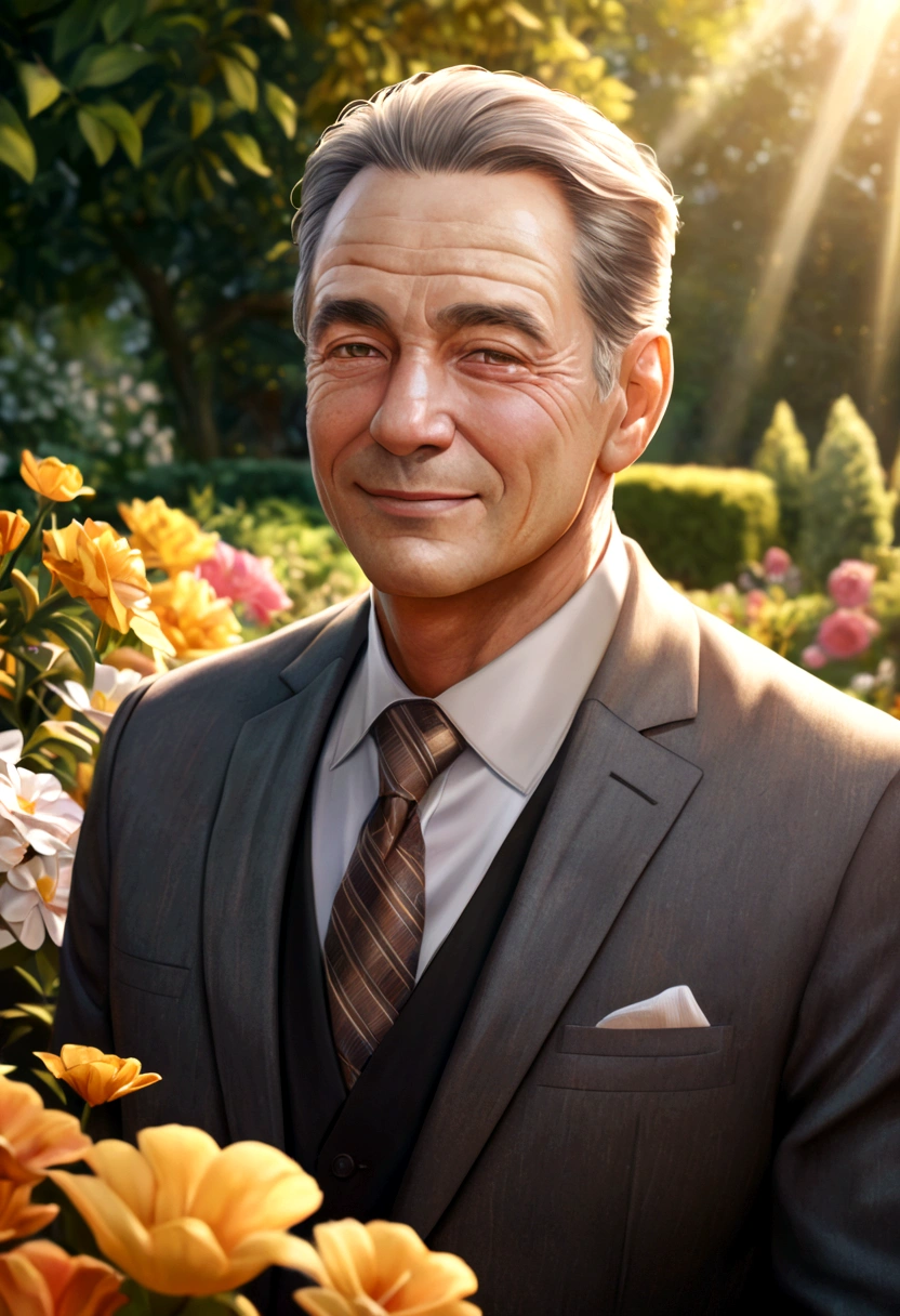 A man, father, dad, portrait, photorealistic, highly detailed, 8k, realistic, realistic lighting, warm lighting, warm colors, loving expression, kind eyes, gentle smile, wearing a suit, holding a , outdoors, garden, flowers, sun rays, soft focus