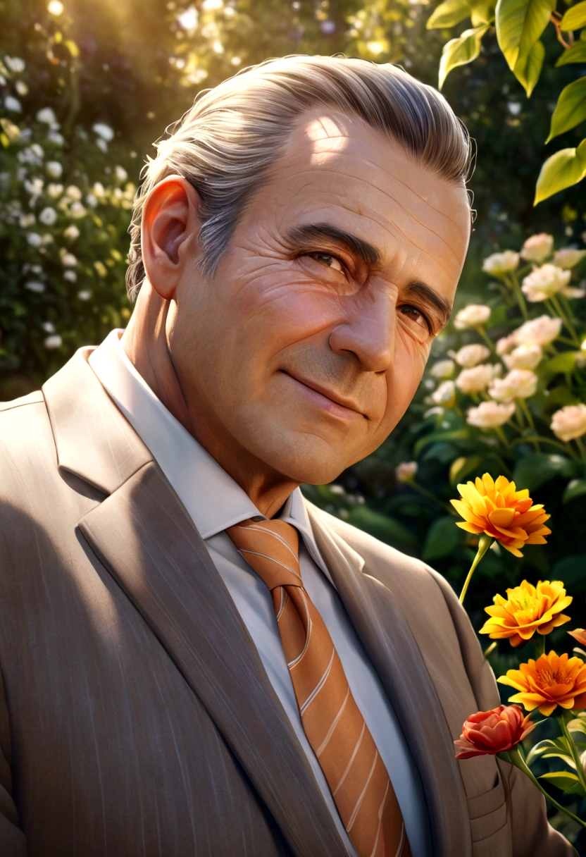 A man, father, dad, portrait, photorealistic, highly detailed, 8k, realistic, realistic lighting, warm lighting, warm colors, loving expression, kind eyes, gentle smile, wearing a suit, holding a , outdoors, garden, flowers, sun rays, soft focus
