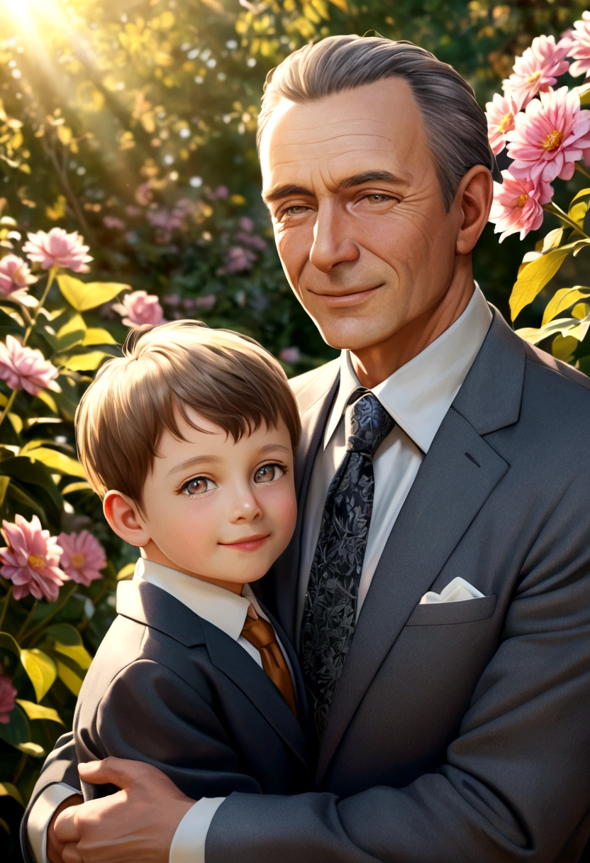 A man, father, dad, portrait, photorealistic, highly detailed, 8k, realistic, realistic lighting, warm lighting, warm colors, loving expression, kind eyes, gentle smile, wearing a suit, holding a , outdoors, garden, flowers, sun rays, soft focus