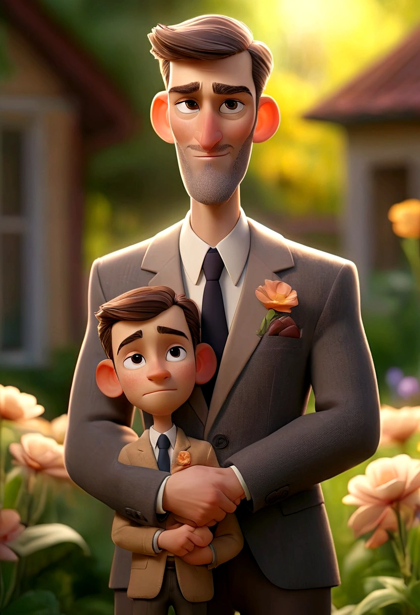 A man, father, dad, portrait, photorealistic, highly detailed, 8k, realistic, realistic lighting, warm lighting, warm colors, loving expression, kind eyes, gentle smile, wearing a suit, holding a , outdoors, garden, flowers, sun rays, soft focus