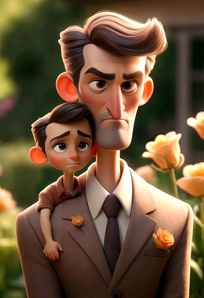 A man, father, dad, portrait, photorealistic, highly detailed, 8k, realistic, realistic lighting, warm lighting, warm colors, loving expression, kind eyes, gentle smile, wearing a suit, holding a , outdoors, garden, flowers, sun rays, soft focus