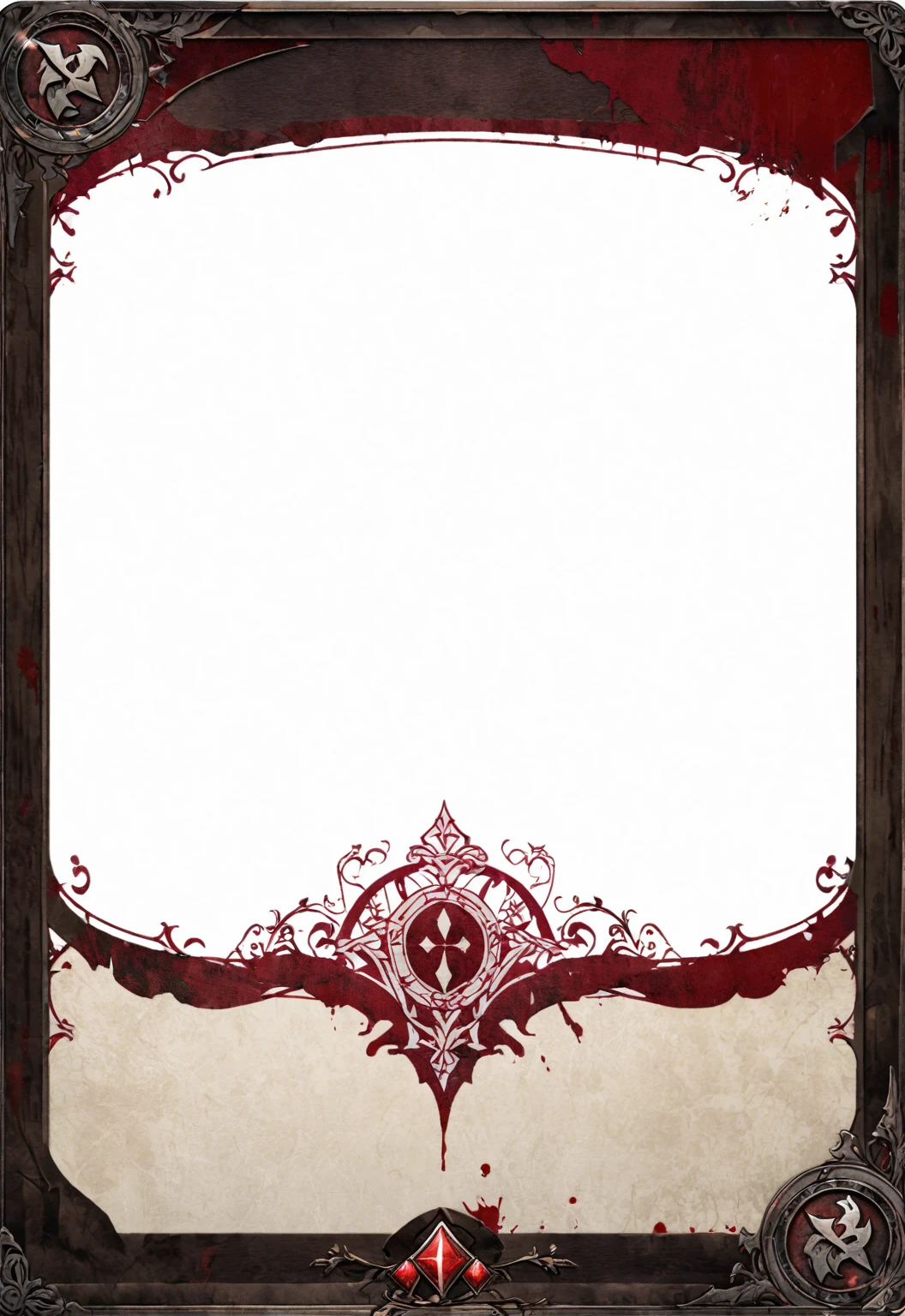 A card border UI,Medieval European aristocracy design,Bloody dark style,There is blood,Stained on the parchment backing。Dark red main color。