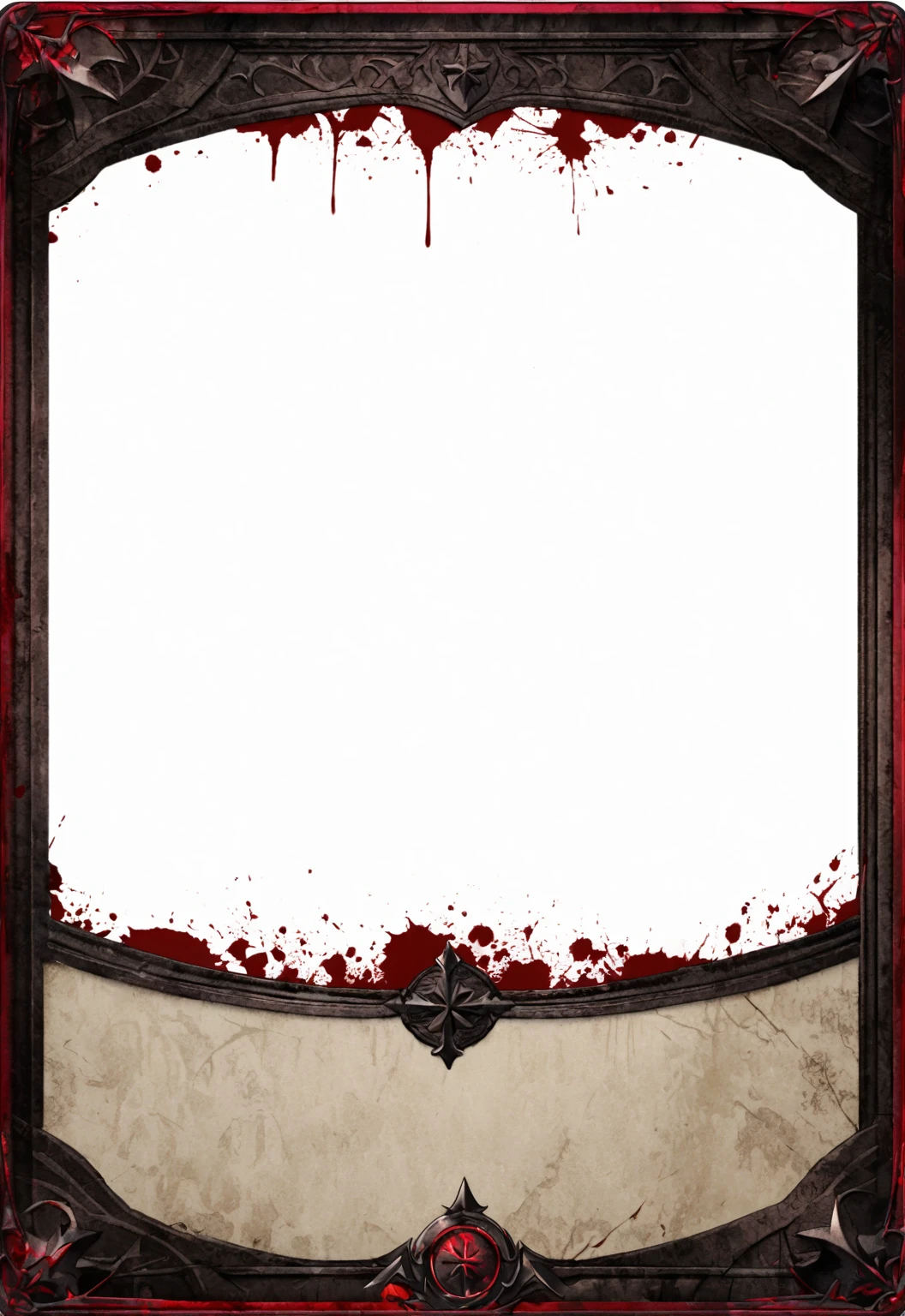 A card border UI，Medieval European aristocracy design，Bloody dark style，There is blood，Stained on the parchment backing。Dark red main color。