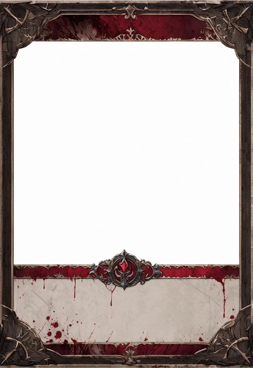 A card border UI，Medieval European aristocracy design，Bloody dark style，There is blood，Stained on the parchment backing。Dark red main color。