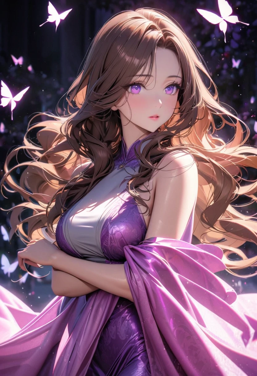 girl, brown hair, wavy hair, long hair, glowing purple eyes, magical silk fabric,  mature,  silk fabric blowing in the wind,  gorgeous, beautiful background, super detail, 8K, beautiful color, mature woman, glowing butterfly, angel
