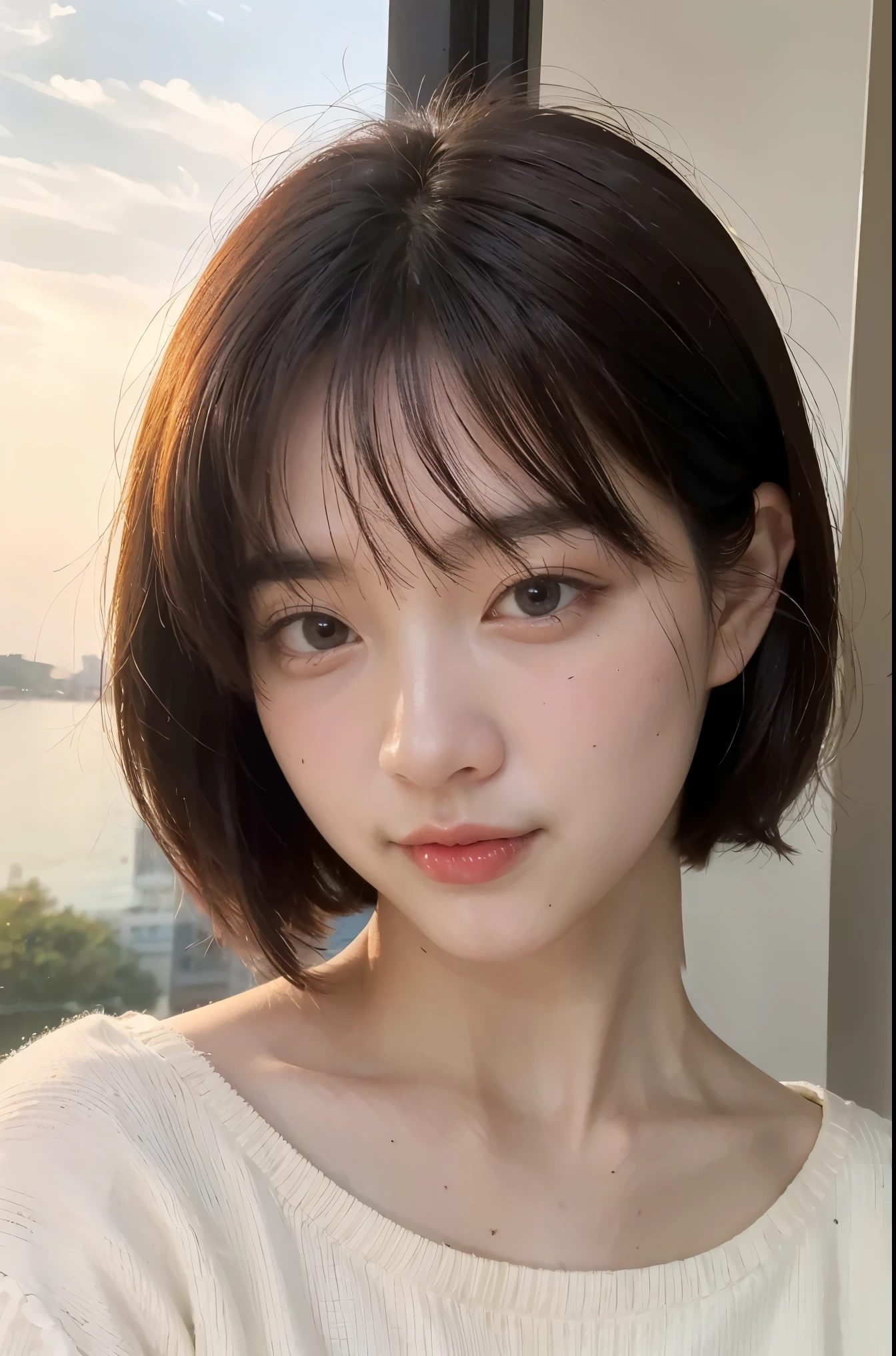 Best Quality, Ultra High Definition, (Photorealistic:1.4),Sunset Light, Ponytail, Korean Women, Detailed Photo, Smiling, Sexy, Black Shirt, Facing Camera, Close-up (Masterpiece: 1.3), (8K, Photorealistic, Best Quality: 1.4), (1girl), Beautiful Face, (Realistic Face), (Black Hair, Short Hair: 1.3), Beautiful Hairstyle, Realistic eyes, beautiful detail eyes, (realistic skin), beautiful skin, (sweater), absurd, attractive, ultra high resolution, ultra realistic, high definition, golden ratio
