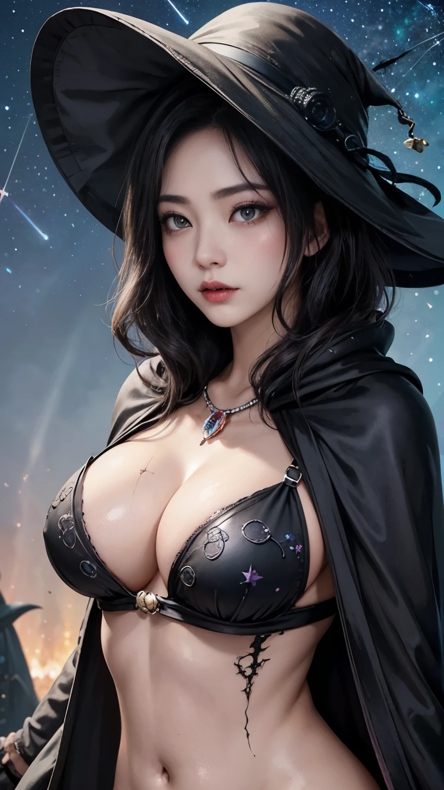 (Fatal Beauty,A charming villain,witch) ,(A supple and powerful physique),(Sensual charm),(Mysterious charm:1.1),(Captivating silhouette),((((Skull-shaped orb))))、((((big sapphire necklace))))、(highest quality,High resolution:1.2),(dark,Threatening:1.1),((dark horror theme:1.5),(Thriller:1.5)),(Dark fantasy:1.5),  (((Countless stars fly away:1.5),(Absurd:1.5),(wonderful:1.5))),Woman in a dress, (Powerful numbers:1.1),(((Big Breasts))),(((Muscular:1.1))), cute face, Sexy Face, , Very detailedなbeautiful女の子, (Ideal body type:1.8), Very detailed faceexpressive lips, (とてもbeautiful、Crisp big eyes:1.5), Fine skin., All features are shown in detail., The outline of the fingers is beautifully drawn....., The nose is precisely shaped., expressive lips, Perfect Anatomy,cute、Realistic、(Front view:1.4),(Face Focus:1.3), realistic girl rendering, 8k artistic german bokeh, Enchanting girl, Real Girls, Gurwitz, Gurwitz-style artwork, Girl Roleplay, Realistic 3D style, cgstation Popular Topics, 8K Portrait Rendering,(truth，truth：1.4),Sexy Body,( Very lean body:1.6),Sexy pose, blush, Attractive body, Very curly hair, Purple Curly Hair, very big hair, Very curly hair, prime color,Urban,Very detailed,masterpiece,Intricate details,Faded,Very detailed, Eye for details,Intricate details,暗くてSpooky atmosphere,  Spiritual Beings, Unforgettably beautiful, Ghostly figures, Shadow-like shape, Spooky whispers, Ominous Aura, Goth Maiden,  Like dazzling fur in a starless haze,Her Mogul Snaps, Mysterious Cemetery,Black hair swaying in the moonlight, She summons darkness, (beautiful: 1.7), (Black Hat: 1.6), (An intricately decorated jet-black cloak: 1.6), (Delicately decorated cloak, Despite the damage: 1.5), Hypermaximalist,  Breathtaking oil paintings, Surreal, Ultra-realistic digital illustrations that mimic the style of oil paintings, wonderful構成,  (Shining Eyes:1.6)、(Glowing Eyes:1.1),(hellish landscape:1.1),(fire,sulfur:1.1),(Threatening atmosphere:1.1),(dark shadows,Threatening presence:1.1),(Unlucky Clouds,Stormy Skies:1.1),(dark,Spooky atmosphere:1.1),(Aura of misfortune,Evil energy:1.1),(dark aura,cigarette:1.1),(Extreme heat,Burning Flames:1.1),(Nightmare Visions:1.1),(Predicting the end:1.1),(Whispers of misfortune,Devilish Laugh:1.1),(Cry of pain,echoing screams:1.1),(Bad luck symbol,Ancient runes:1.1),(Mysterious Relic,dark art ifacts:1.1),(Infernal Ritual,Ritual sacrifice:1.1),(Eternal Ruin,A hopeless existence:1.1),  Inspired by abandoned mech backgrounds. Art created by Craig Mullins, Necrostyle., Detailed Description, Futuristic sci-fi scene. Focus on SFCon