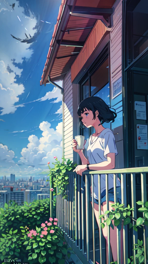 a girl standing on a balcony with a cup of coffee, cgsociety 9, chillhop, alena aenami and artgerm, makoto shinkai and artgerm, lofi girl aesthetic, anime scenery, makoto shinkai and (cain kuga), lofi aesthetic, anime landscape, anime nature, roof background, anime wallaper