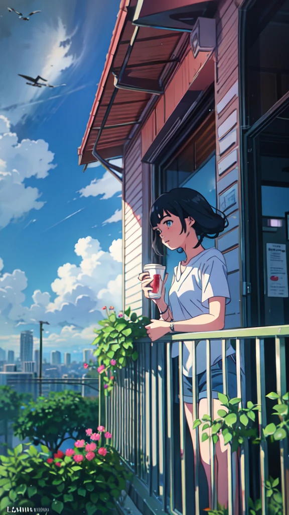 a girl standing on a balcony with a cup of coffee, cgsociety 9, chillhop, alena aenami and artgerm, makoto shinkai and artgerm, lofi girl aesthetic, anime scenery, makoto shinkai and (cain kuga), lofi aesthetic, anime landscape, anime nature, roof background, anime wallaper