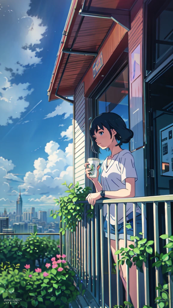 a girl standing on a balcony with a cup of coffee, cgsociety 9, chillhop, alena aenami and artgerm, makoto shinkai and artgerm, lofi girl aesthetic, anime scenery, makoto shinkai and (cain kuga), lofi aesthetic, anime landscape, anime nature, roof background, anime wallaper