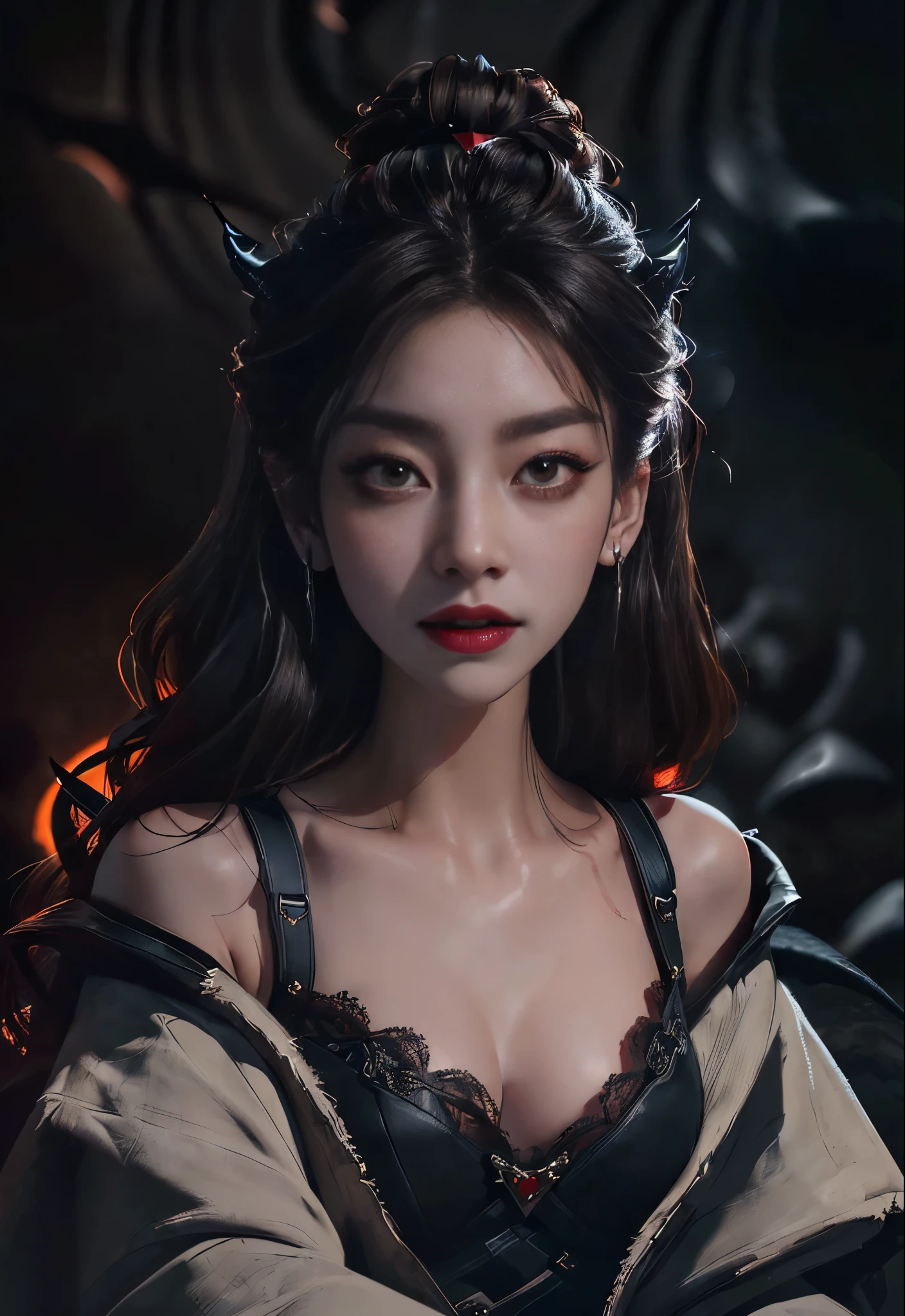(High resolution,Practical) Long hair girl,skirt, Beautiful demon woman from hell, (in the darkness: 1.6), Very rich facial details,Red-black lips, Shoulder devil tattoo,rugged, Moderate: Detailed facial features, Determine the expression, Dark background,The environment is mysterious and elegant, Model, High contrast required, Jewelry, earrings, miniskirt, shirt, Jacket, brown hair, 白shirt, A bracelet, Hair Bun, single Hair Bun, long skirt, Shut up, Hoop Earrings, blue Jacket, skirt, Beautiful demon woman from hell, (in the darkness: 1.6), 大卫霍克尼和阿尔方斯穆夏的Surrealism女性portrait, Fantasy Art, Korean Doll, Photorealism, Dynamic Lighting, Art Station, poster, Volumetric Lighting, Very rich facial details, 8K, in the darkness, Deep Shadows, low pitch, long hair, Black Hair, Luxurious Palace, Royal style, Demon Crown, The red eye makeup is very vivid and detailed, the most beautiful face, Normal breast, Surrealism, Charming smile, The eye makeup is beautiful, Gurwitz, Devil style, Red-black lips, Shoulder devil tattoo, Gloomy weather,Thunder, (portrait), Close-up of the protagonist, (Background details 1.8), Revealing clothes, cosmetic, 白skirt