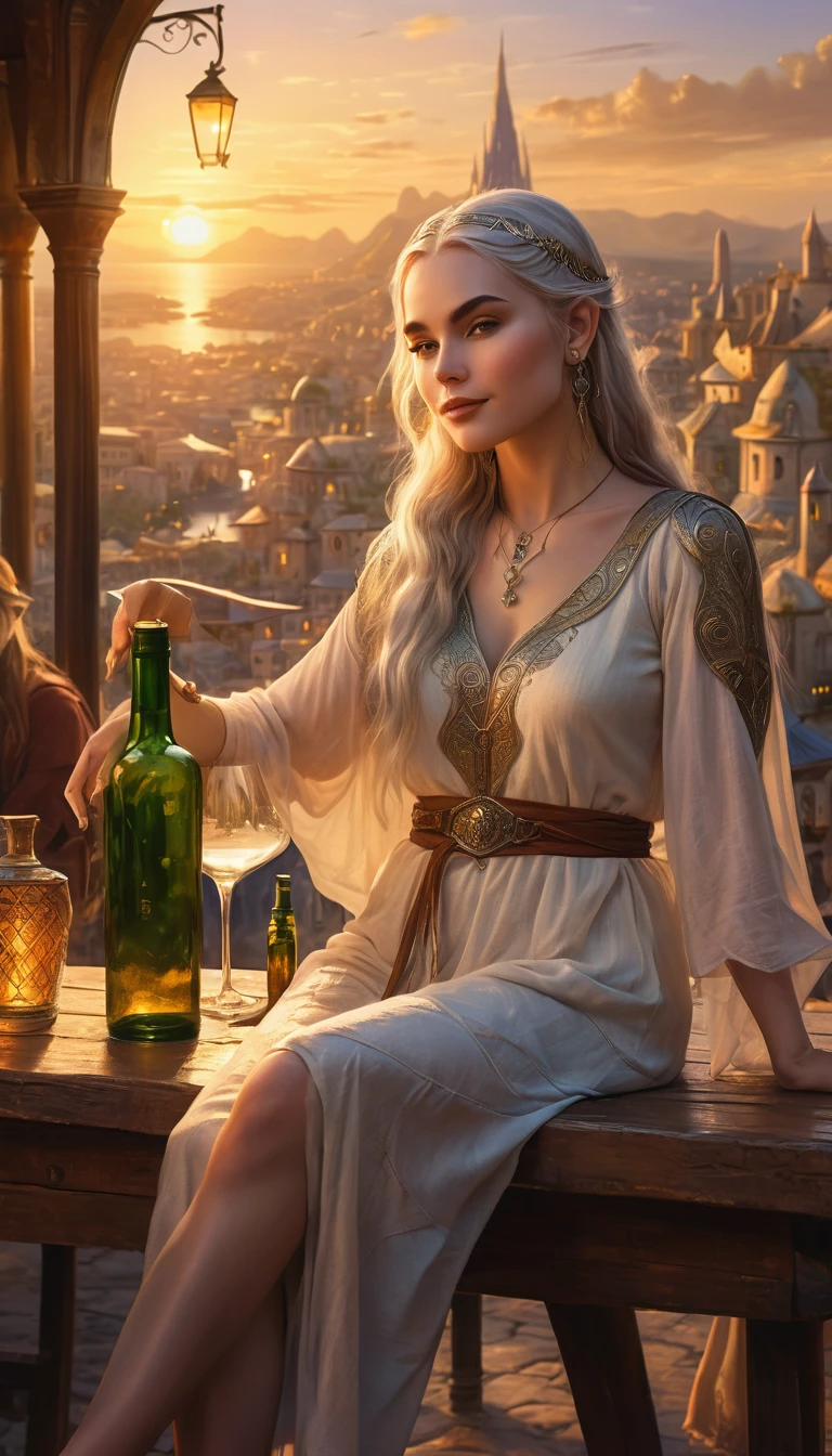 Fantasy art, sunset cityscape, elven woman sitting relaxed, detailed and clear drawing, beautifully drawn face, hands and feet, warm light, antique city background, bar atmosphere, table lined with bottles and glasses, fantastic and calming atmosphere