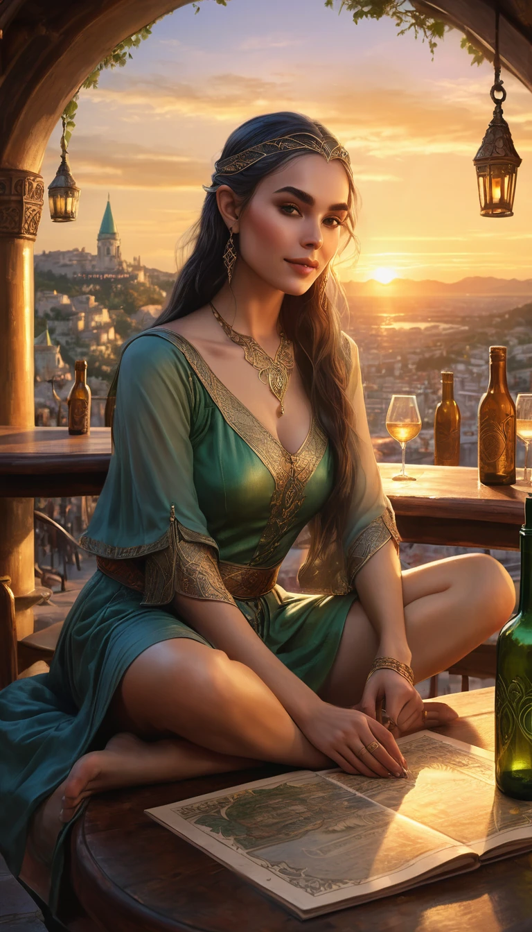 Fantasy art, sunset cityscape, elven woman sitting relaxed, detailed and clear drawing, beautifully drawn face, hands and feet, warm light, antique city background, bar atmosphere, table lined with bottles and glasses, fantastic and calming atmosphere