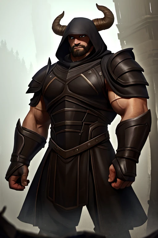 Big muscular man, two big horns cut and filed, wearing a dark armour showing his full face, foggy hood,