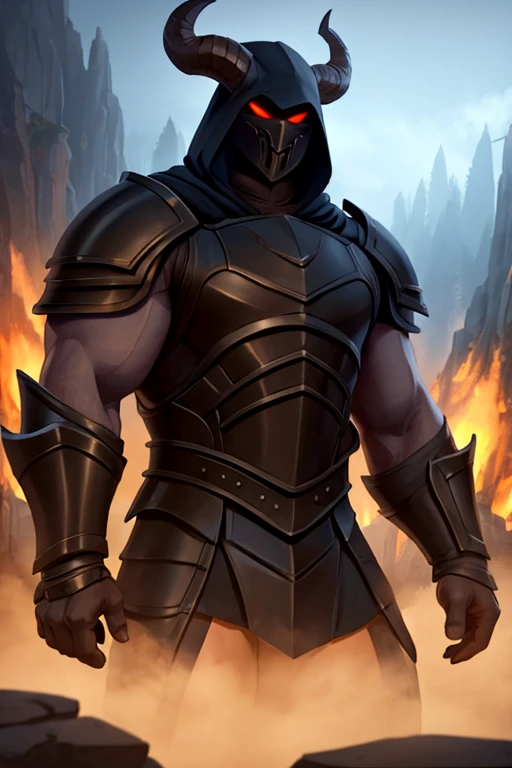 Big muscular man, two big horns cut and filed, wearing a dark armour showing his full face, foggy hood,