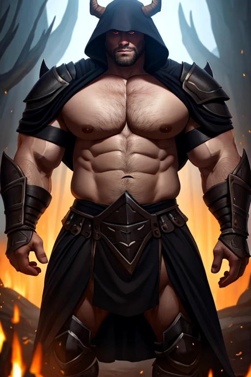 Big muscular man, two big horns cut and filed, wearing a dark armour showing his full face, foggy hood,