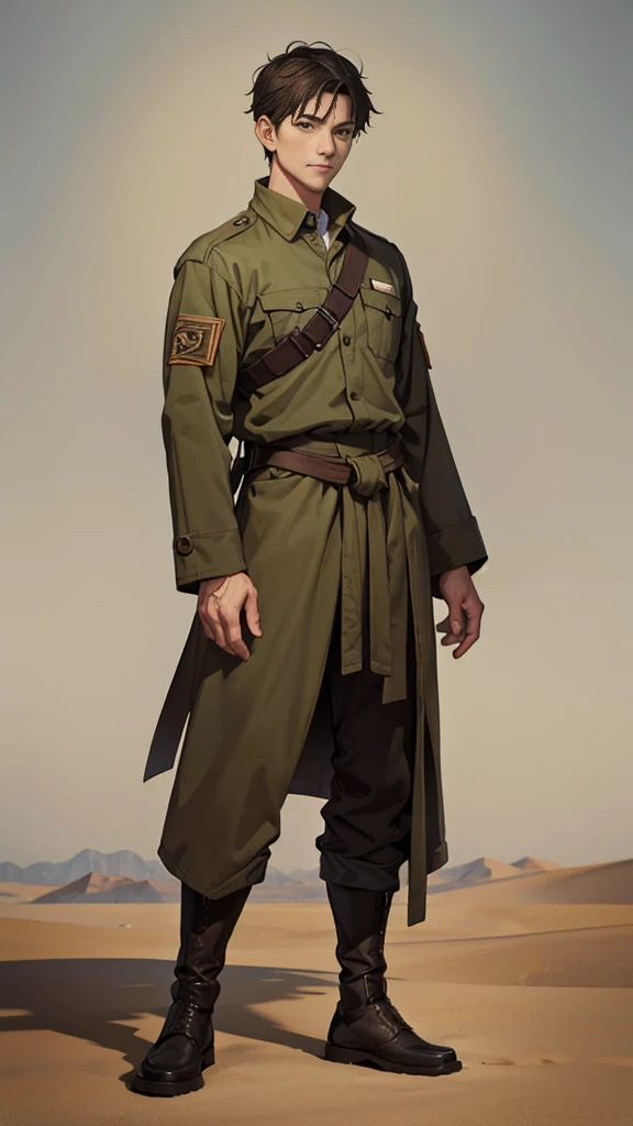 Portrait of a man in his 40s、standing、 half body soldier、Long body、 、desert background、