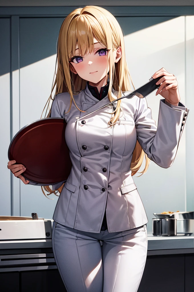 High resolution, masterpiece, At least that is it, shokugeki no souma, blonde, alone, One girl, cute, Fine grain, Long Hair, Purple eyes, Chef costumes, White jacket, White pants