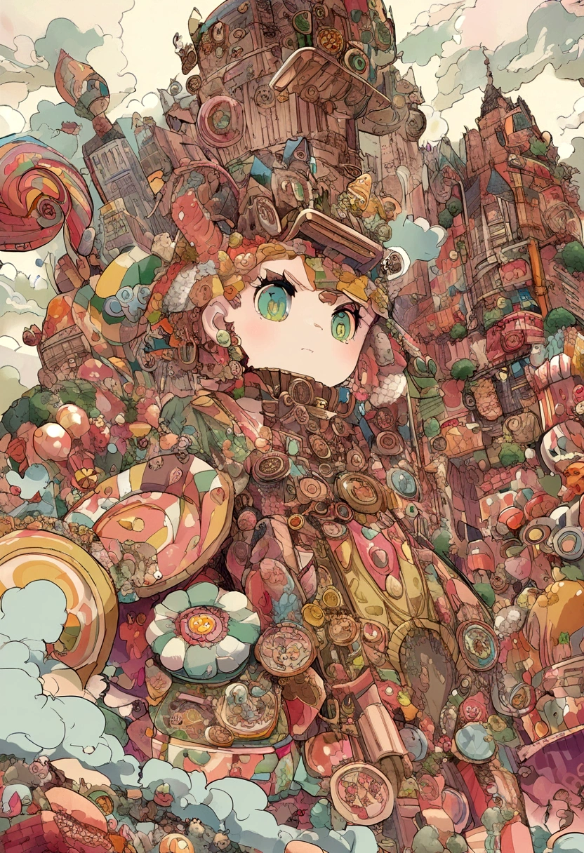 Giant Kaiju made of bright bits of fruit salad battle  in a candy land Tokyo, Steam Punk styling