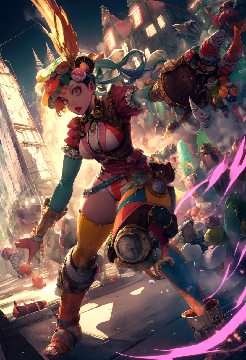 Giant Kaiju made of bright bits of fruit salad battle  in a candy land Tokyo, Steam Punk styling