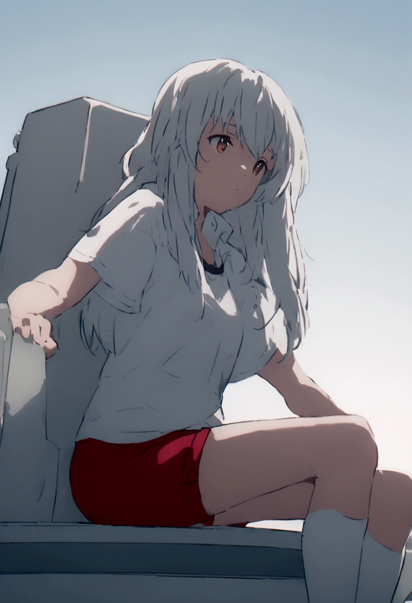 One girl, a girl as a lifeguard, sitting in the sun on a white lifeguard tower, Plain white shirt, Red shorts, 8k, Professionally color coded, Depth of written boundary , Futuristic Fantasy Anime
 