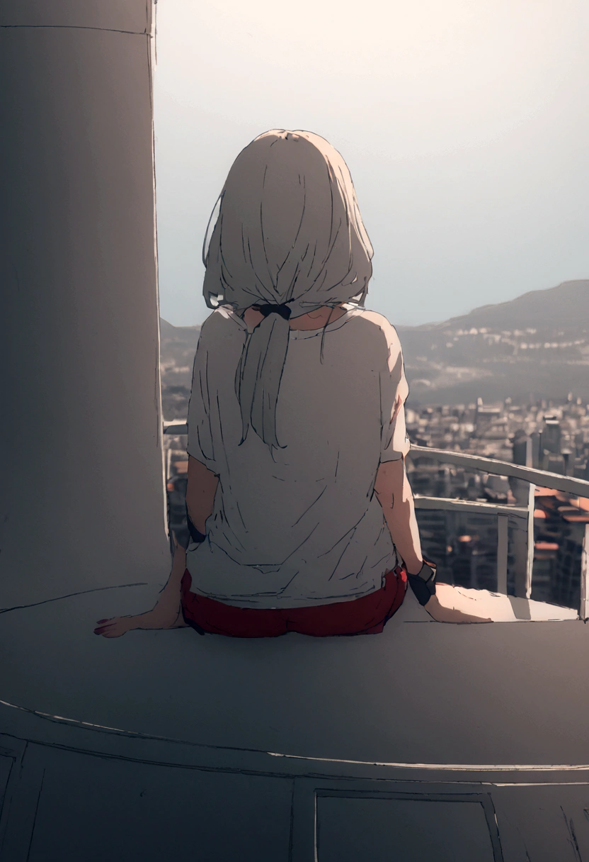 One girl, a girl as a lifeguard, sitting in the sun on a white lifeguard tower, Plain white shirt, Red shorts, 8k, Professionally color coded, Depth of written boundary , Futuristic Fantasy Anime
 