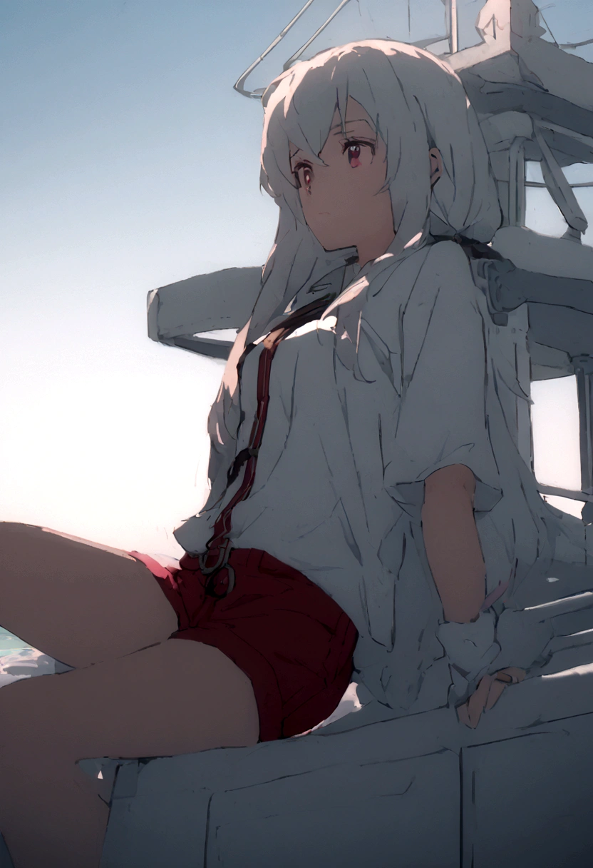 One girl, a girl as a lifeguard, sitting in the sun on a white lifeguard tower, Plain white shirt, Red shorts, 8k, Professionally color coded, Depth of written boundary , Futuristic Fantasy Anime
 