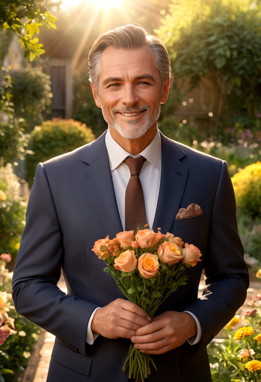 A man, father, dad, portrait, photorealistic, highly detailed, 8k, realistic, realistic lighting, warm lighting, warm colors, loving expression, kind eyes, gentle smile, wearing a suit, holding a , outdoors, garden, flowers, sun rays, soft focus
