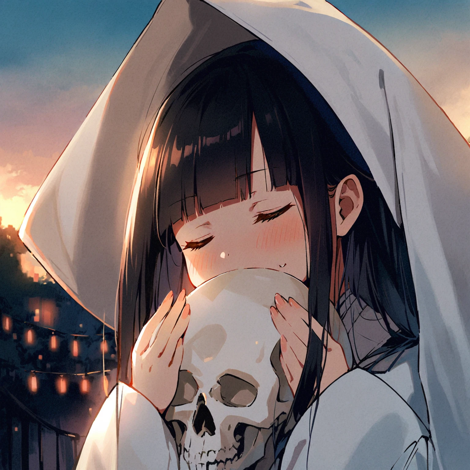 1girl、Black hair, long hair、white kimono,wedding,wataboushi,uchikake,standing,white hood,、shiromuku、 skull, cheeks to skull, evening,faint light、deep shadows、