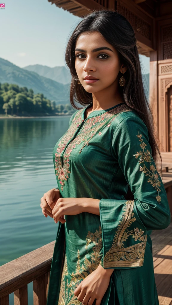 ultra-realistic photographs,Indian Instagram female model,mid 20s,9:16,mid-shot,beautiful detailed eyes,detailed lips,longeyelashes,black stylish hair, naturally full eyebrows,perfectly formed nose,expressive face,attractive appearance,candid photo,vibrant and colorful salwar-kameez dress, heavily embroidered dress, lake background, serene atmosphere,stunning architecture,soft and natural lighting,vivid colors,photorealistic,HDR,highres,studio lighting,ultra-detailed,bokeh,fully covered clothes