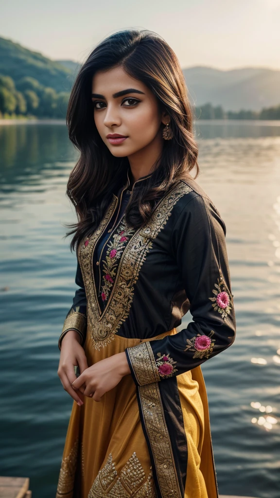 ultra-realistic photographs,Indian Instagram female model,mid 20s,9:16,mid-shot,beautiful detailed eyes,detailed lips,longeyelashes,black stylish hair, naturally full eyebrows,perfectly formed nose,expressive face,attractive appearance,candid photo,vibrant and colorful salwar-kameez dress, heavily embroidered dress, lake background, serene atmosphere,stunning architecture,soft and natural lighting,vivid colors,photorealistic,HDR,highres,studio lighting,ultra-detailed,bokeh,fully covered clothes